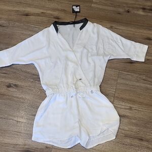 Nwt White Rudsak Playsuit, Romper, Leather Trim, Drastring Waist, Pockets, Xs